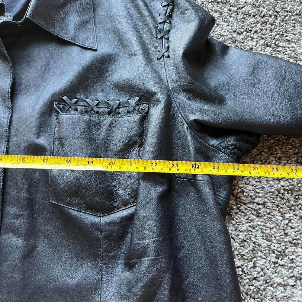 Vintage Newport News Black Genuine Leather Jacket Women 26W Fringe Lace Up Biker - Picture 7 of 8
